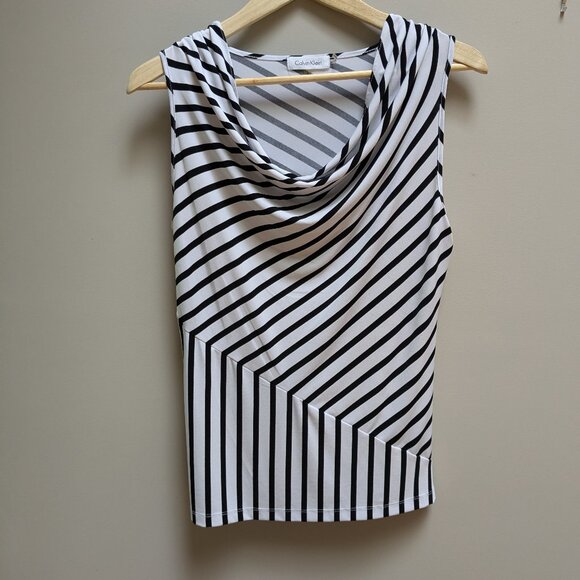 Calvin Klein Striped Draped Cowl Neck Sleeveless Blouse Top - Workwear - Picture 1 of 5